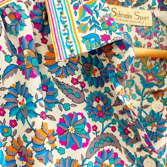 vintage • Schrader Sport long sleeve floral 1970s 1980s shirt dress • 16W - Picture 5 of 8